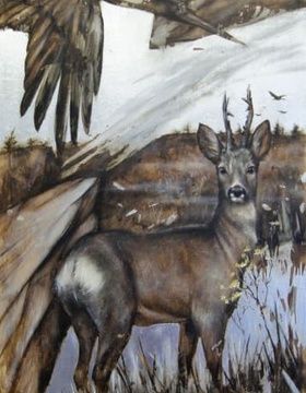 купить "Косуля" масло, дерево, грунтованная бумага, серебряная поталь 