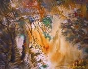 Waterfall in the mountain forest monotype