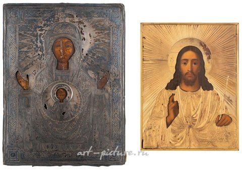 Russian silver, TWO ICONS SHOWING CHRIST PANTOKRATOR WITH A SILVER...