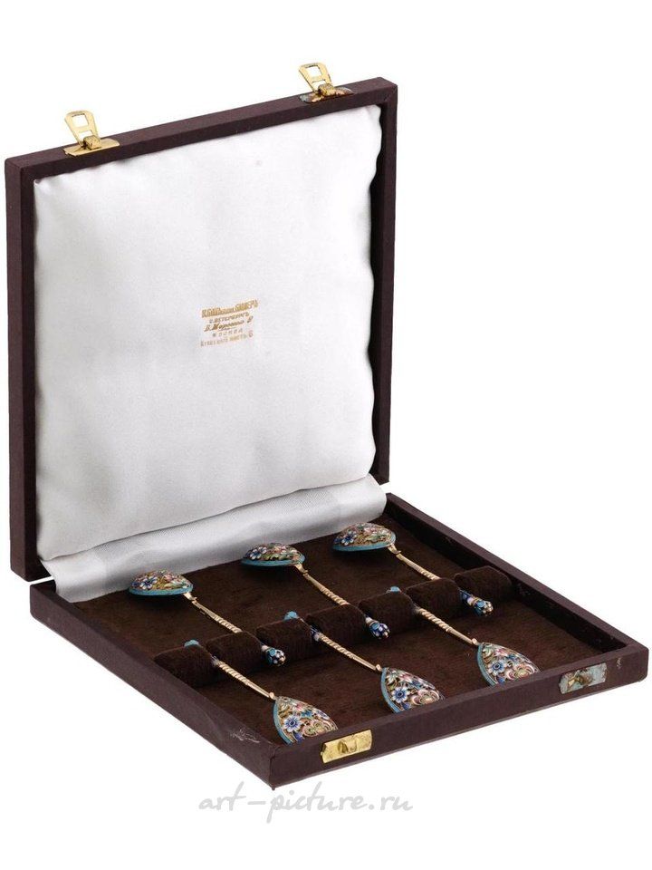 Russian silver , RUSSIAN GILT SILVER CLOISONNE ENAMEL SPOONS SET