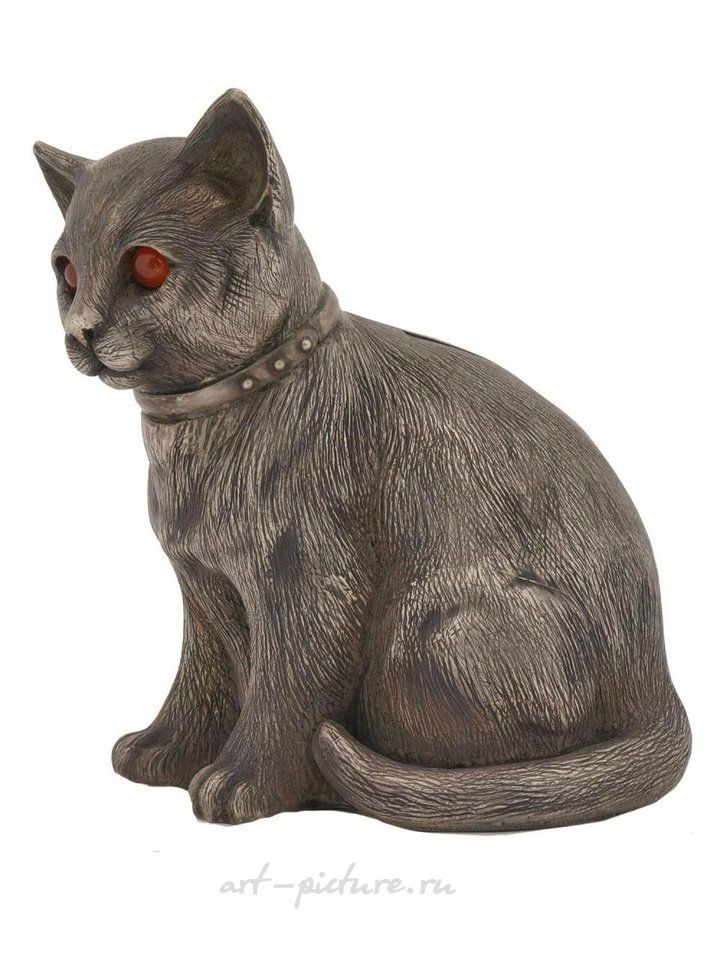 Русское серебро , Русская серебряная фигурка кошки с вырезанными узорами - копилка