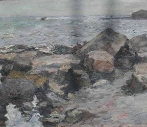 Stones on the seashore.Canvas, oil.44 x 80 cm