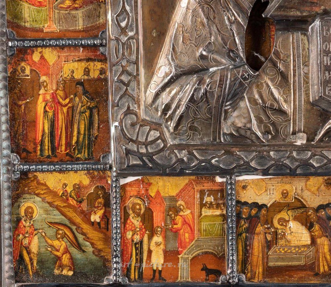 Русское серебро , ОЧЕНЬ КРАСИВАЯ ЖИТИЙНАЯ ИКОНА СВЯТОГО. НИКОЛАЙ МИРЛИКИЙСКИЙ С СЕРЕБРЯНОЙ БАСМОЙ