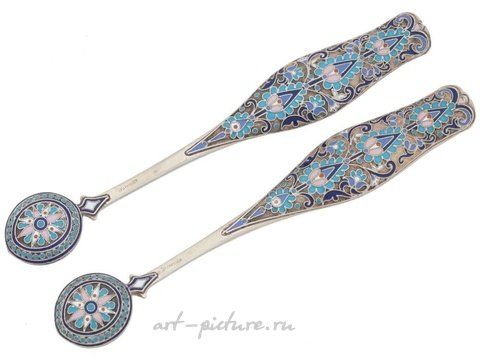 Russian silver, RUSSIAN GILT SILVER CLOISONNE ENAMEL TEA SPOONS