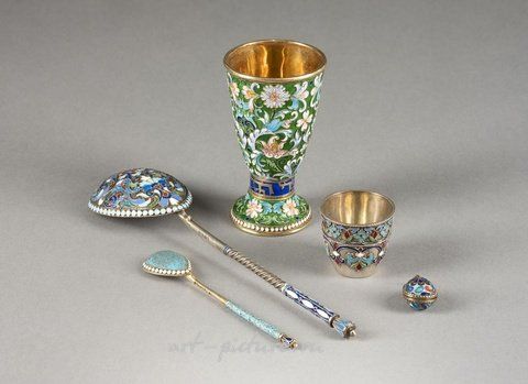 Russian silver, A SILVER AND CLOISONNÉ ENAMEL EGG PENDANT, TWO SPOONS AND