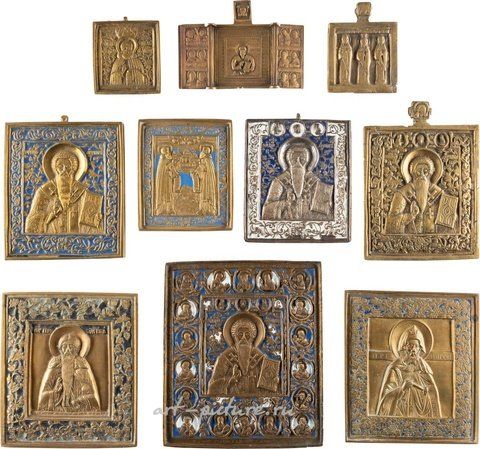 Russian silver, NINE BRONZE ICONS AND A TRIPTYCH WITH SELECTED SAINTS...