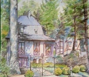 "House in pines" watercolor pencils