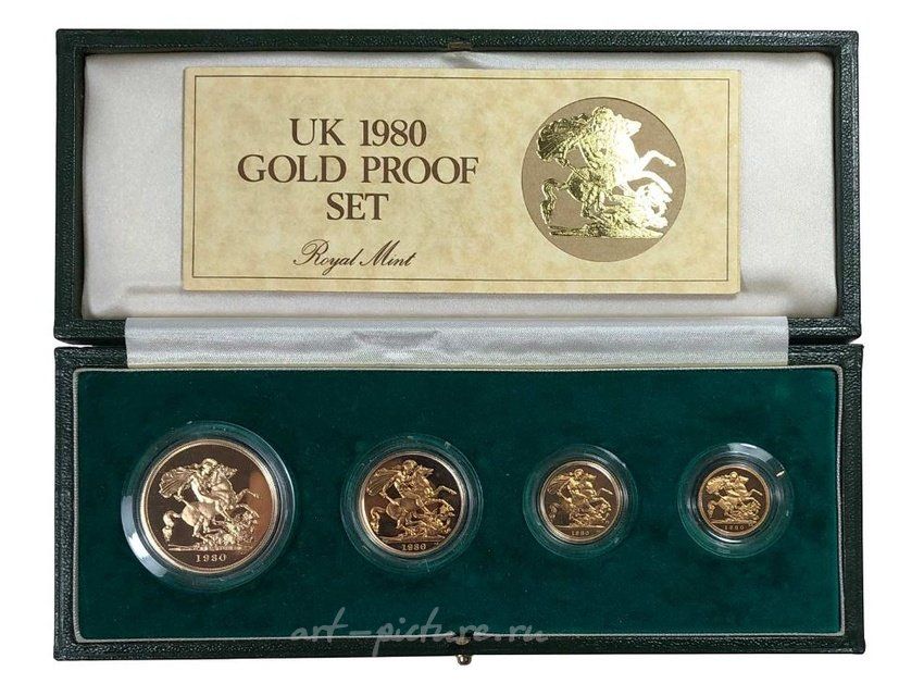 Set of 4 gold sovereigns from 1980 during the reign of Elizabeth II, in a case with a certificate.