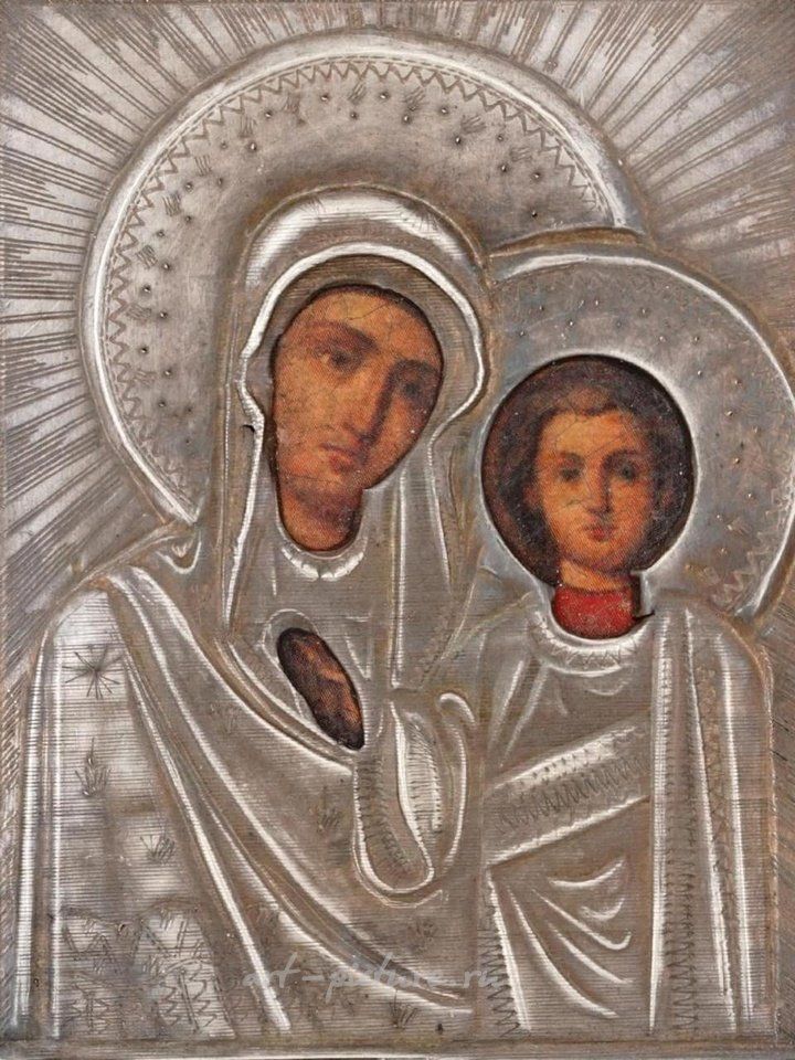 Русское серебро , Антикварная русская икона Богородицы Казанской в окладе