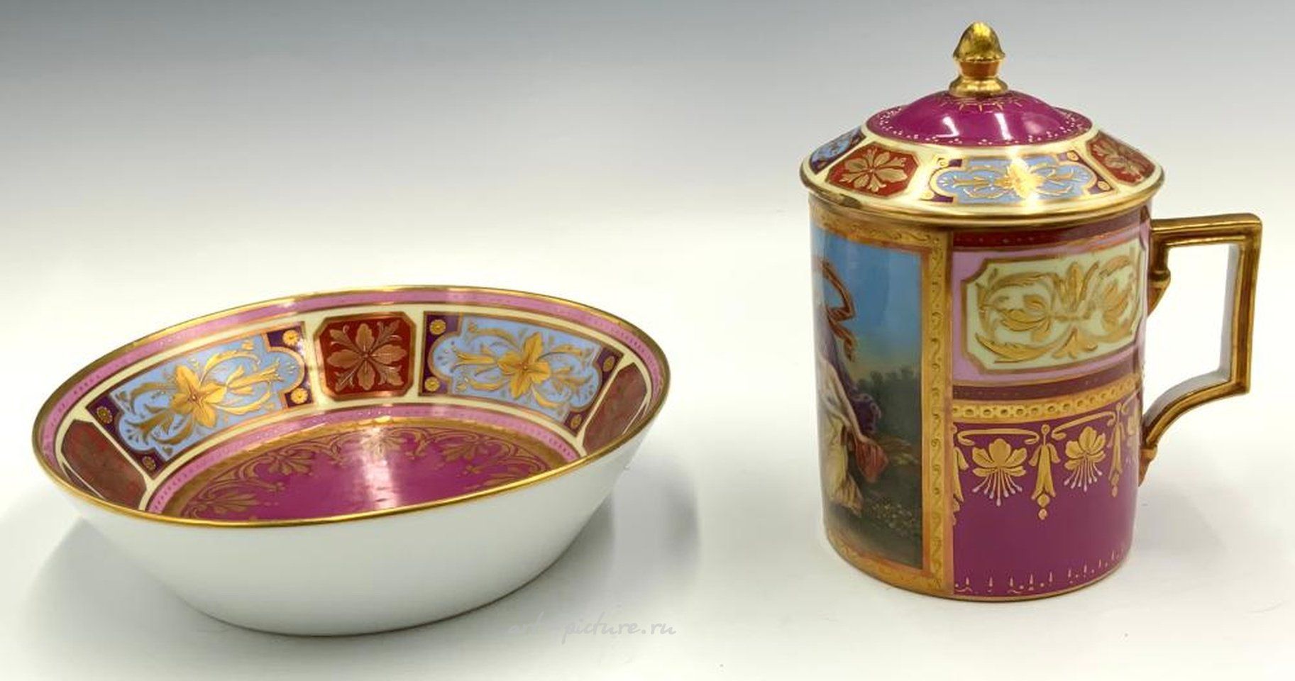 Royal Vienna , Фарфоровая чашка и миска Steuben в стиле деко. Отличное состояние