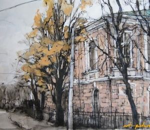 "Moscow streets. First cold" watercolor, mascara, white, paper