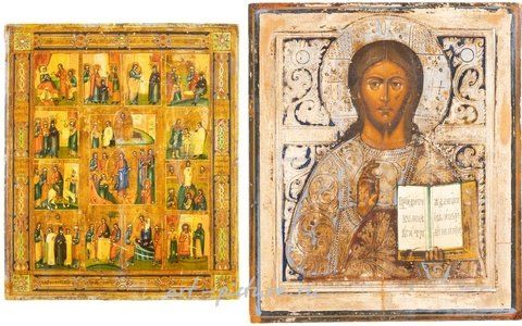 Russian silver, TWO ICONS SHOWING CHRIST PANTOKRATOR AND ST. GEORGE Russian