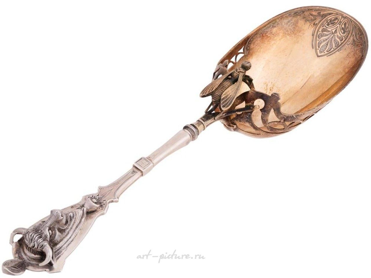 Русское серебро , Серебряная ложка для крекеров с головой быка и мухой
