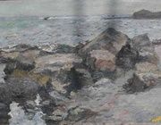Stones on the seashore.Canvas, oil.44 x 80 cm