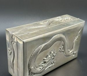 Silver box (box) with wooden trim.China, the end of the 19th century
