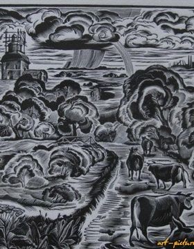 Landscape with cows.Linography.16 x 17cm.