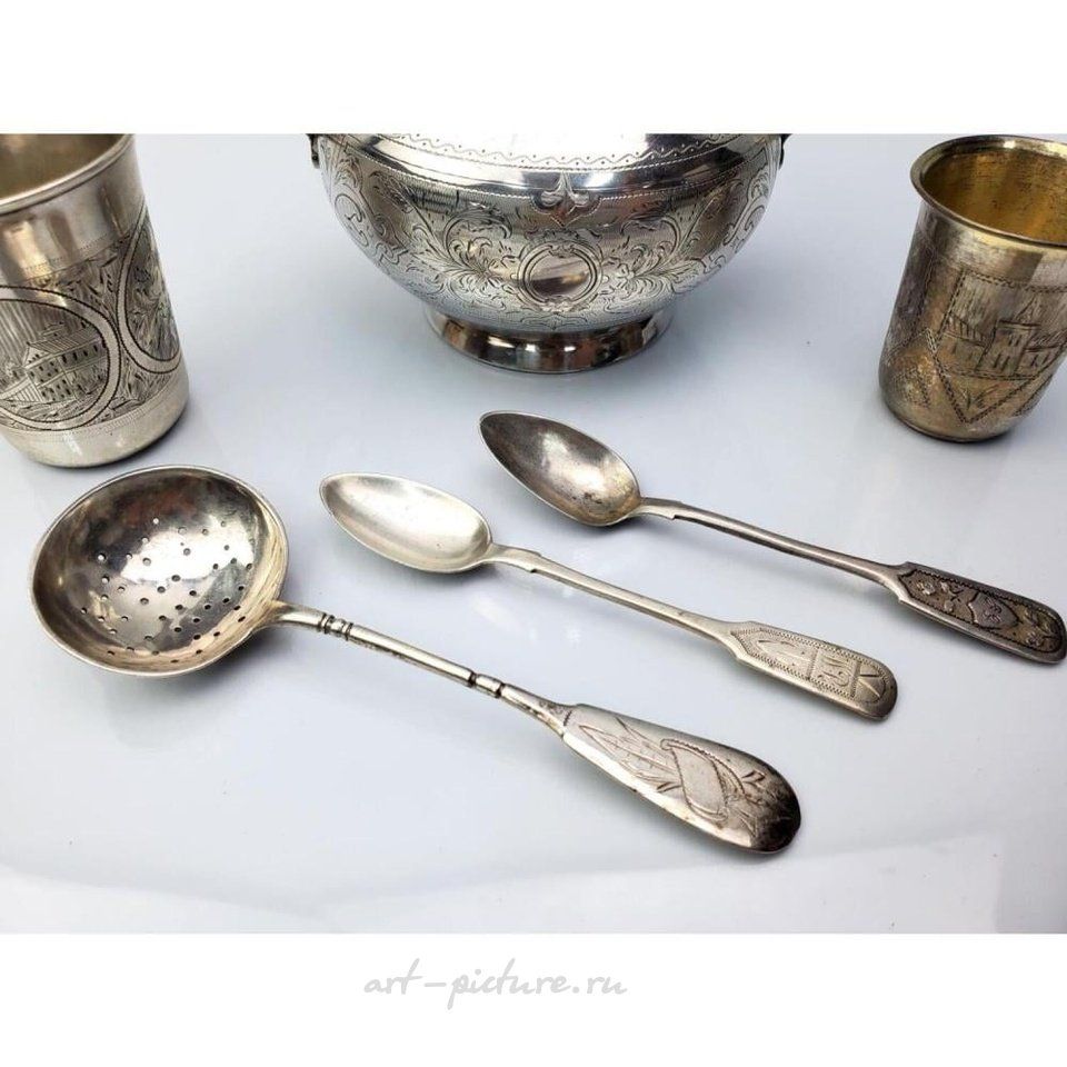Русское серебро , 6 предметов антикварной русской серебряной посуды