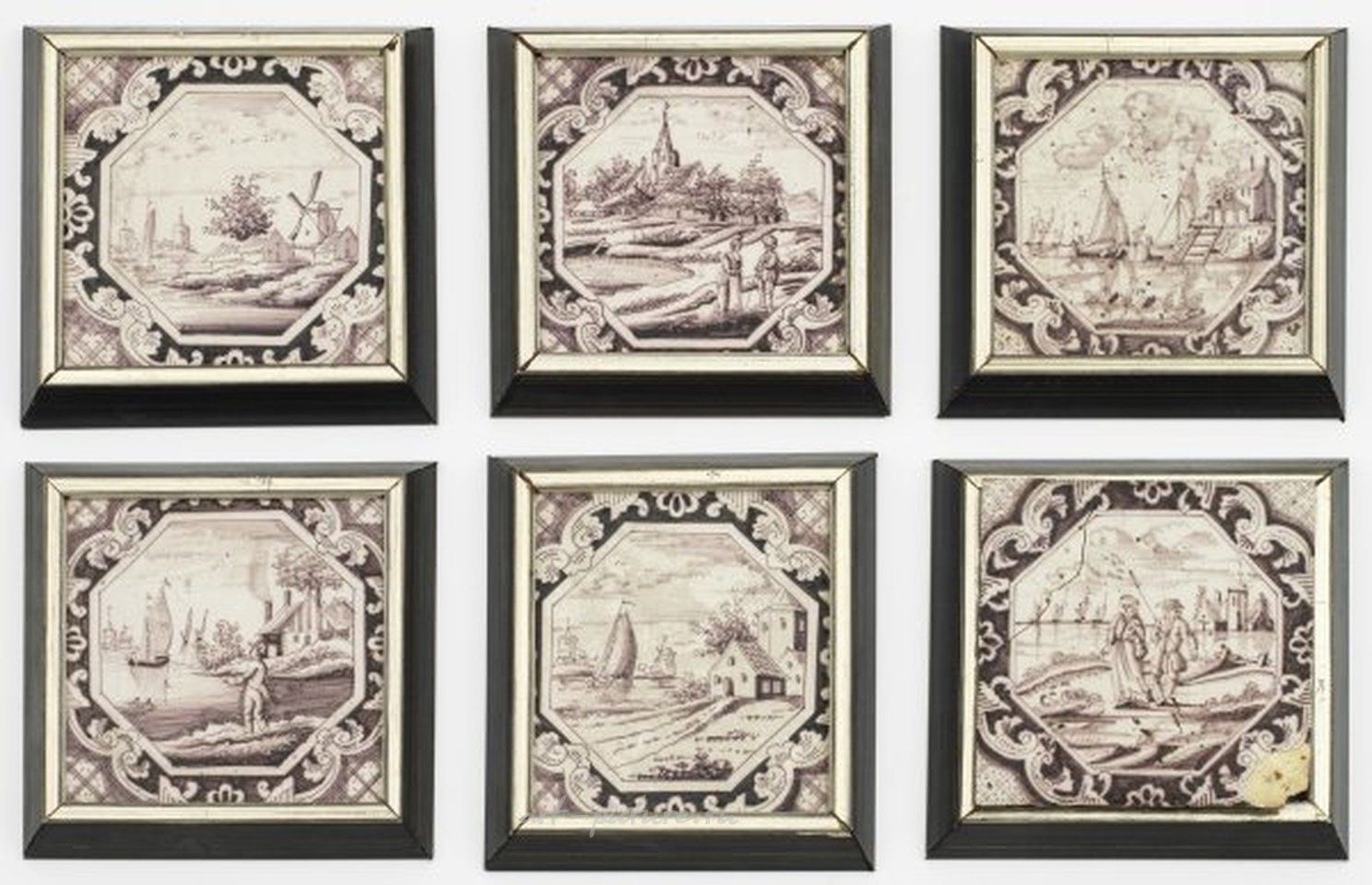Голландские фаянсовые плитки с ландшафтной декорацией в восьмиугольной форме из 18-19 века