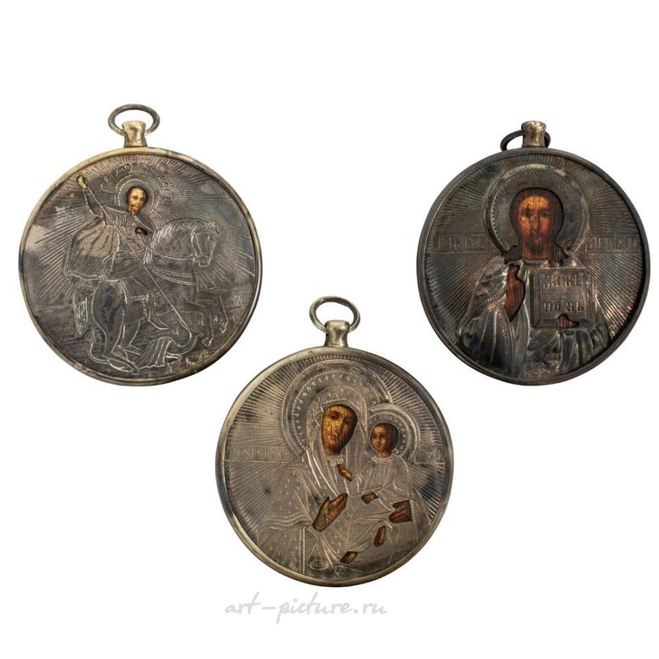 Русское серебро , Четыре русских миниатюрных дорожных  иконы с серебряным окладом 84