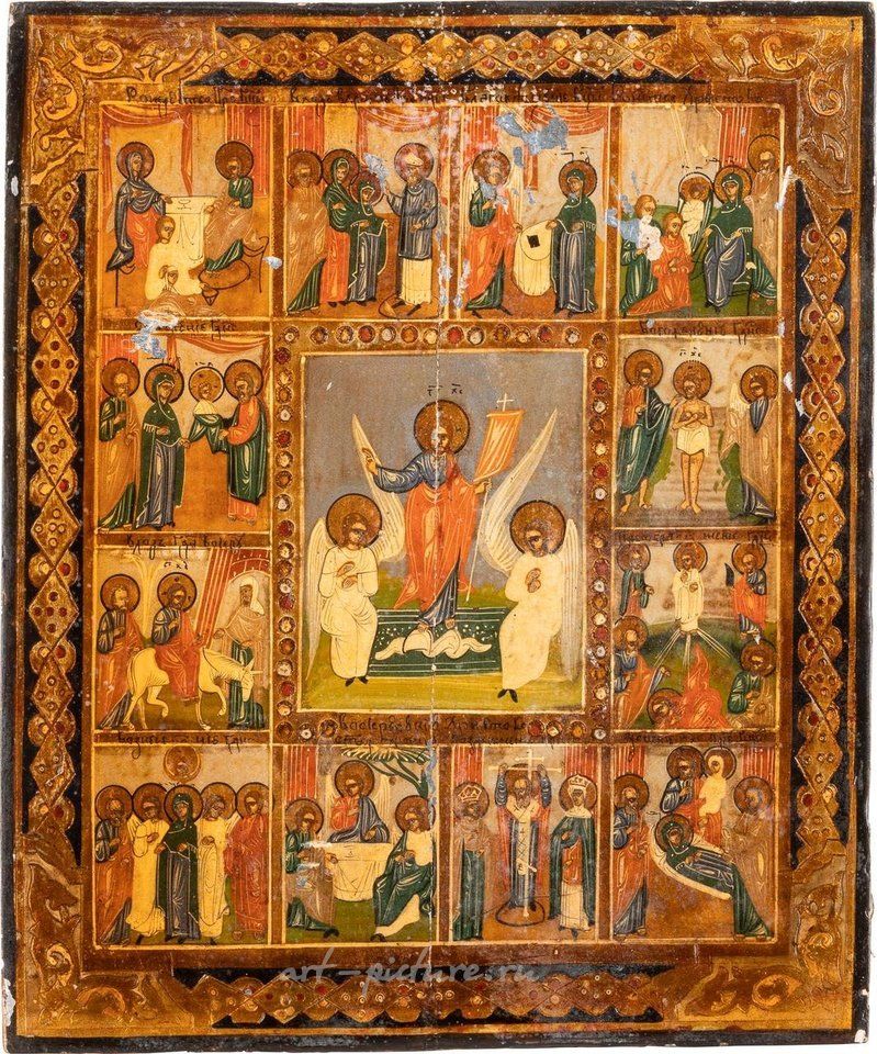 Russian silver , A FEAST DAY ICON Russian, late 19th century Tempera on wood