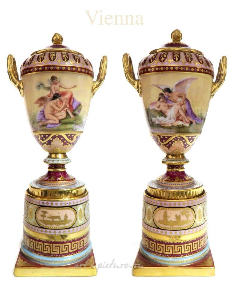 Royal Vienna , Фарфоровые урны/вазы ручной росписи из королевской Вены XIX века
