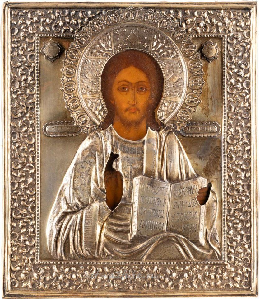 Русское серебро , Икона Христа Пантократора с серебряно-золоченым окладом
