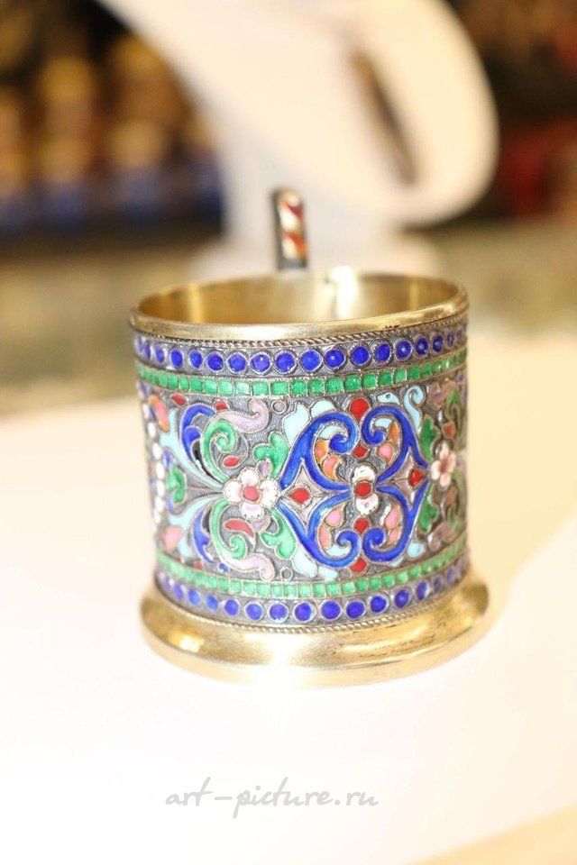 Русское серебро , Императорская русская серебряная эмальрованная подставка для стекла, маркировка DN
