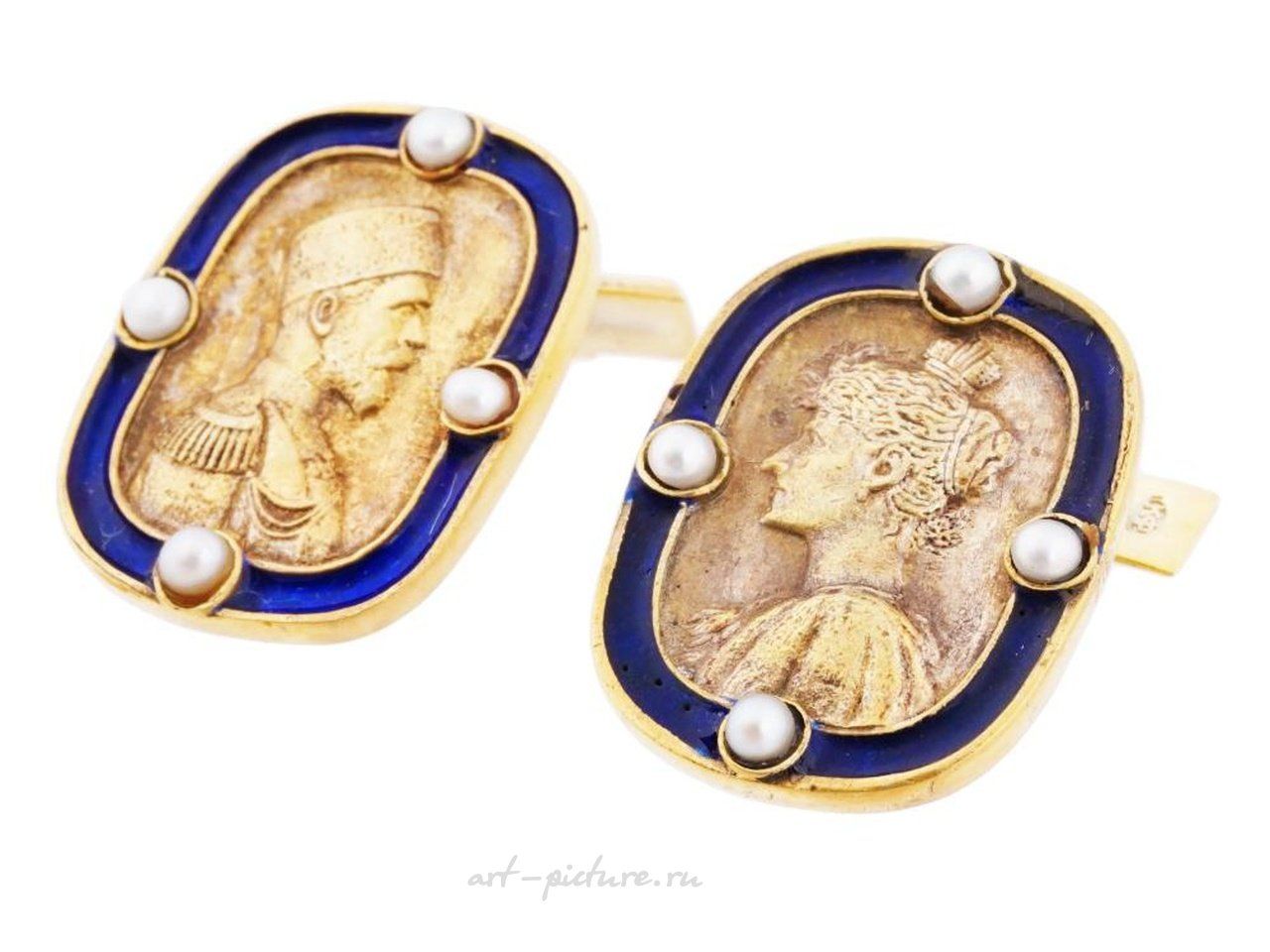 Русское серебро , Золоченые серебряные манжетные пуговицы с эмалью Николая II