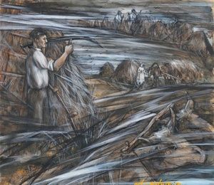 "Haymaking" from the series "Cossack Glory" Watercolor, Mascara, Belila, Tinted Paper