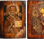 Две иконы, изображающие святого Николая Мирликийского и трехрукий образ