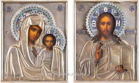 Russian silver, A PAIR OF WEDDING ICONS SHOWING CHRIST PANTOKRATOR AND THE K...