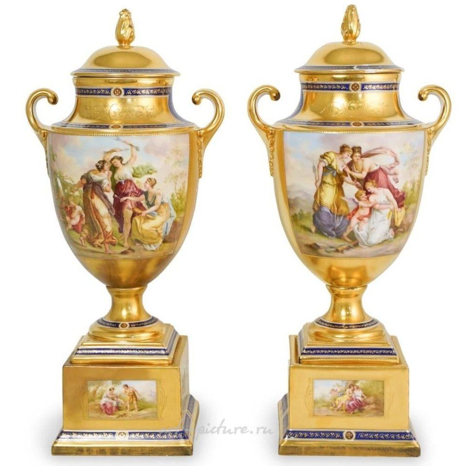 Royal Vienna Porcelain , Pair of Large 19th C. Royal Vienna Porcelain Urns