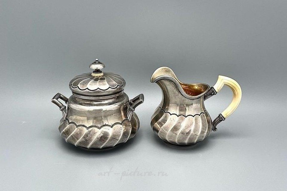 "Karls Fabergé milk jug, sugar bowl, Russian Empire, silver 84."