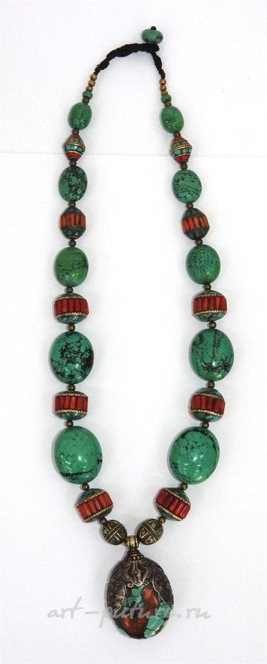 Русское серебро , Колье из коралла, малахита, турмалина и серебра