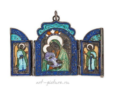 Russian silver, TRIPTYCH ICON WITH SILVER FRAME AND ENAMEL DEPICTS...