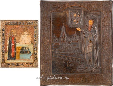 Russian silver, TWO ICONS SHOWING ST. SERGEY AT THE TOMB OF HIS PARENTS WITH