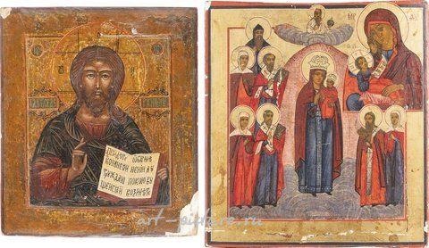 Russian silver, TWO ICONS: MOTHER OF GOD FEODOROWSKAJA AND CHRIST PANTOKR...