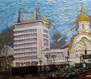 My city-Chelyabinsk (Church of the Smolensk Icon of the Mother of God).Author's technique, wire collage, wire, varnish, rhinestones, acrylic. Colors, beads, decor, natures .. Kamen