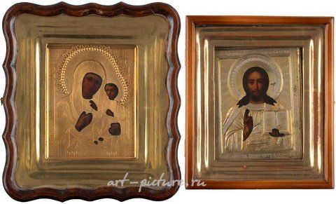 Russian silver, TWO ICONS WITH OKLAD WITHIN KYOT: CHRIST PANTOKRATOR AND THEOTOKOS