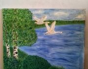 Swans fly south to oil, canvas