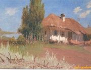 Ukrainian hut.Canvas on the faner.35.5 x 53.5 cm.