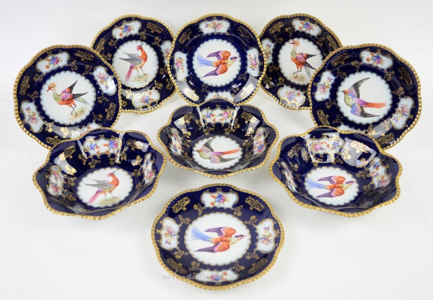 Royal Vienna Porcelain , Royal Crown Derby Avesbury birds decorated in gilt on a rich...