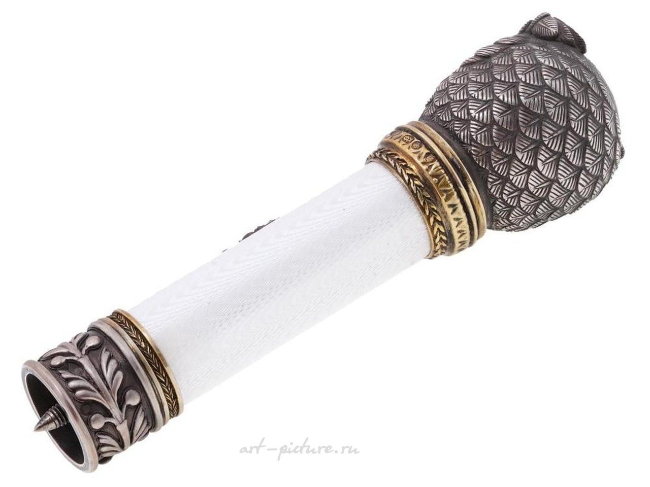 Русское серебро , Серебряная ручка для трости с эмалью и каменной головой собаки