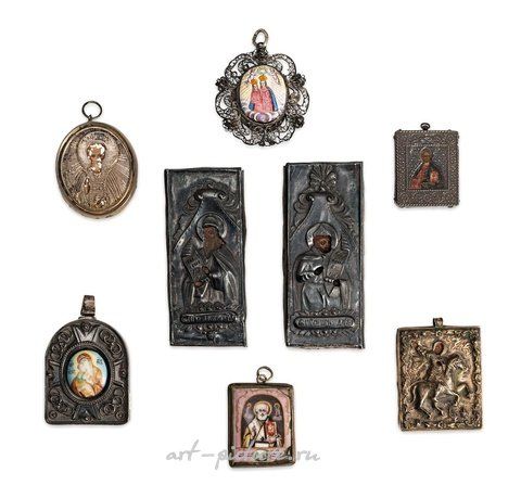 Russian silver, FOUR ICONS WITH SILVER RIZA AND WOODEN CASE, RUSSIA,...