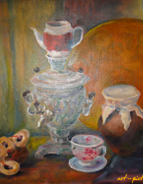 buy The translation of the text is: "Samovar with bagels, oil, canvas on cardboard."