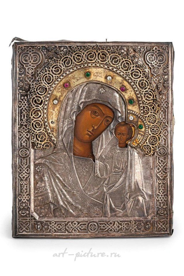 Russian silver , ICON DEPICTING THE VIRGIN OF KAZAN WITH SILVER RIZA P...