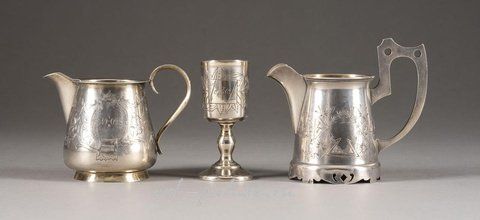 Russian silver, TWO SILVER CREAM JUGS AND A VODKA BEAKER Russian, Moscow