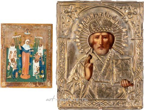 Russian silver, TWO SMALL ICONS SHOWING THE MOTHER OF GOD 'JOY TO ALL WHO G