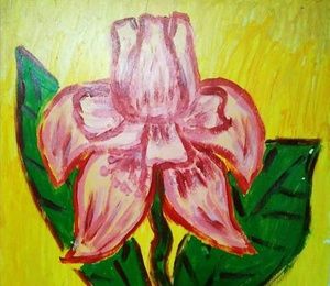 Pink iris on a yellow background;-Akril on fiber