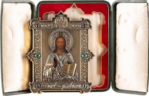Russian silver, AN ICON SHOWING CHRIST PANTOKRATOR WITH SILVER-GILT OKLAD WI...